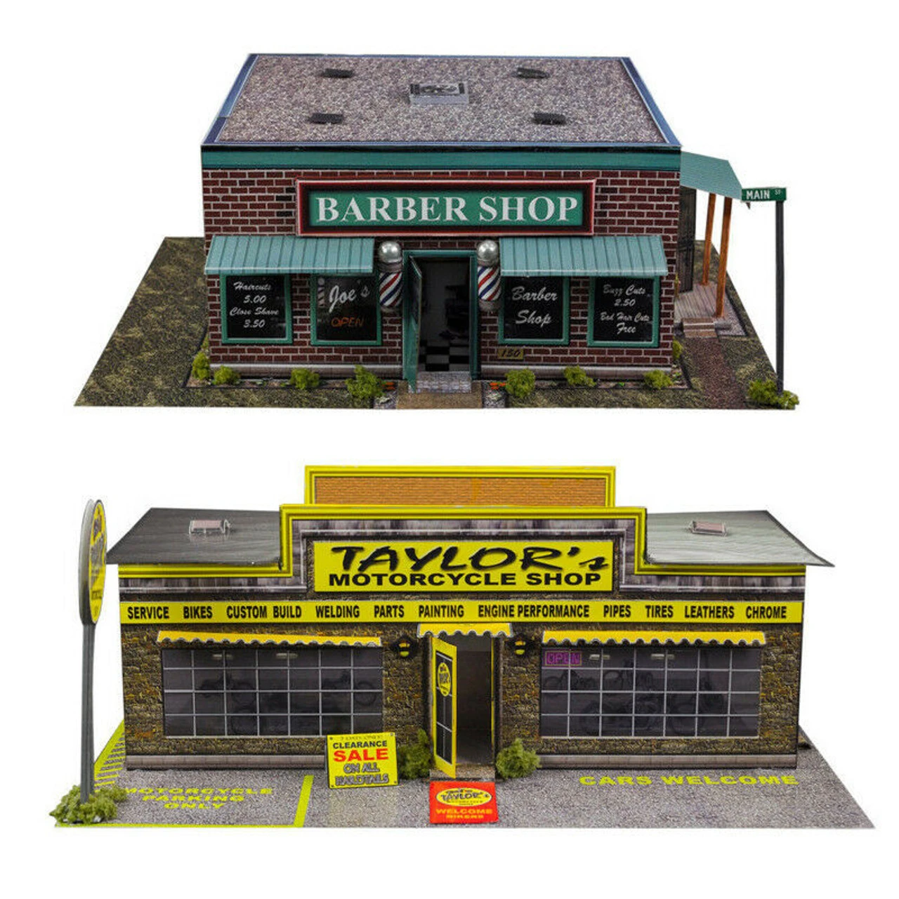 BK 8704 1:87 Scale "Motorcycle Shop & Barber Shop" Photo Real Scale Building Kit 3 BK 8704 1:87 Scale "Motorcycle Shop & Barber Shop" Photo Real Scale Building Kit - Image 2