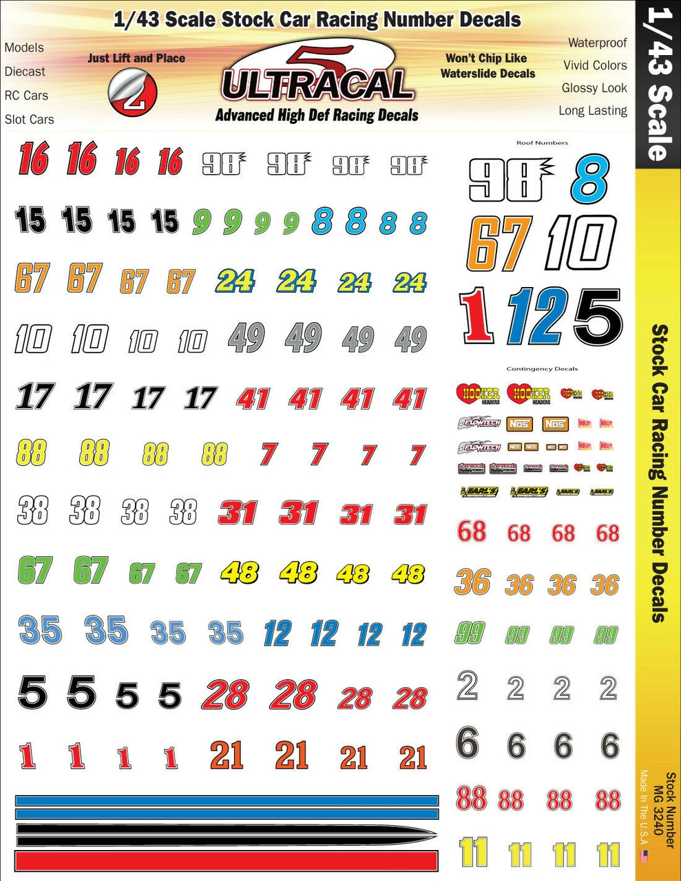MG 3240 Ultracal Racing Stock Car Racing Number Decals 1:43 Scale 3 MG 3240 Ultracal Racing Stock Car Racing Number Decals 1:43 Scale