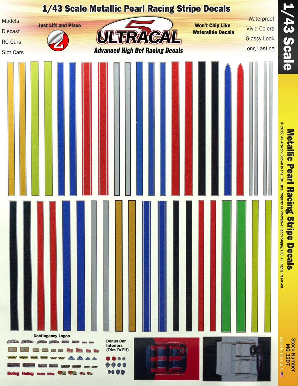 MG 3207 Ultracal Racing Metallic Pearl Racing Stripe Decals 1:43 Scale 3 MG 3207 Ultracal Racing Metallic Pearl Racing Stripe Decals 1:43 Scale