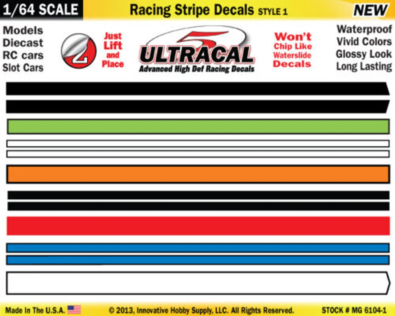 MG 6104-1 UltraCal Racing Stripe Decals Style 1 Black Green Orange 1:64 Scale 3 MG 6104-1 UltraCal Racing Stripe Decals Style 1 Black Green Orange 1:64 Scale
