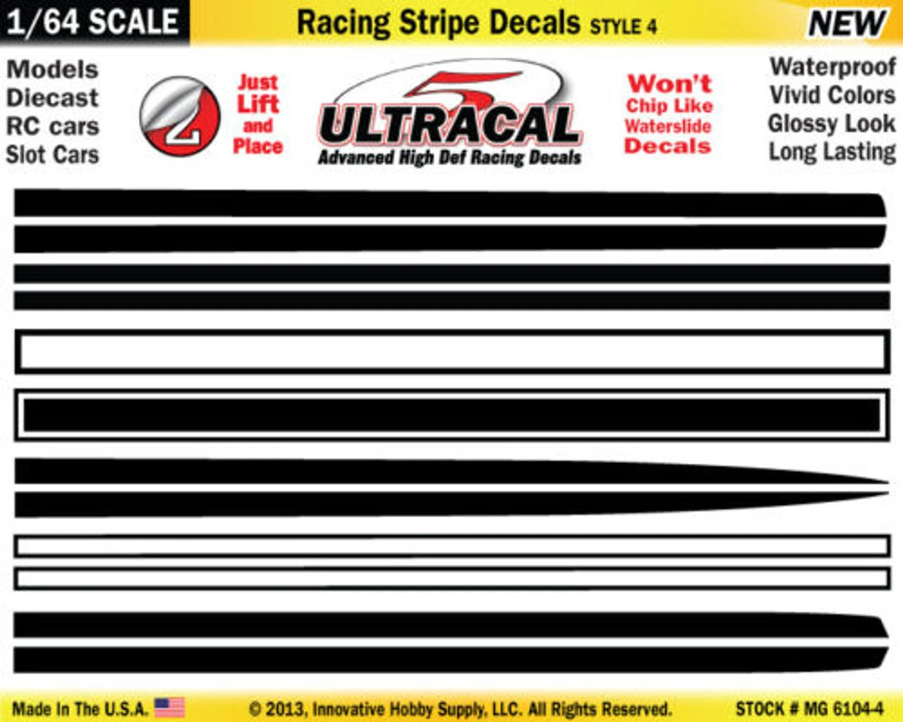 MG 6104-4 UltraCal Racing Stripe Decals Style 4 Black White Stripe 1:64 Scale 3 MG 6104-4 UltraCal Racing Stripe Decals Style 4 Black White Stripe 1:64 Scale